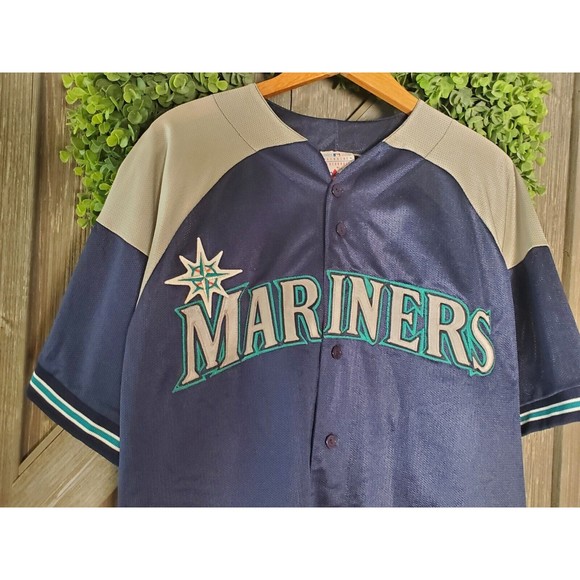 VTG 90s MLB SEATTLE MARINERS KEN GRIFFEY Jr JERSEY MAJESTIC MADE IN USA Sz Large - Picture 2 of 6